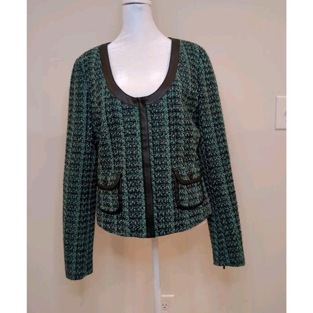 NWT Hinge Nordstrom Women M Teal Fan Fare Tweed Blazer Jacket Lined Wool Blend